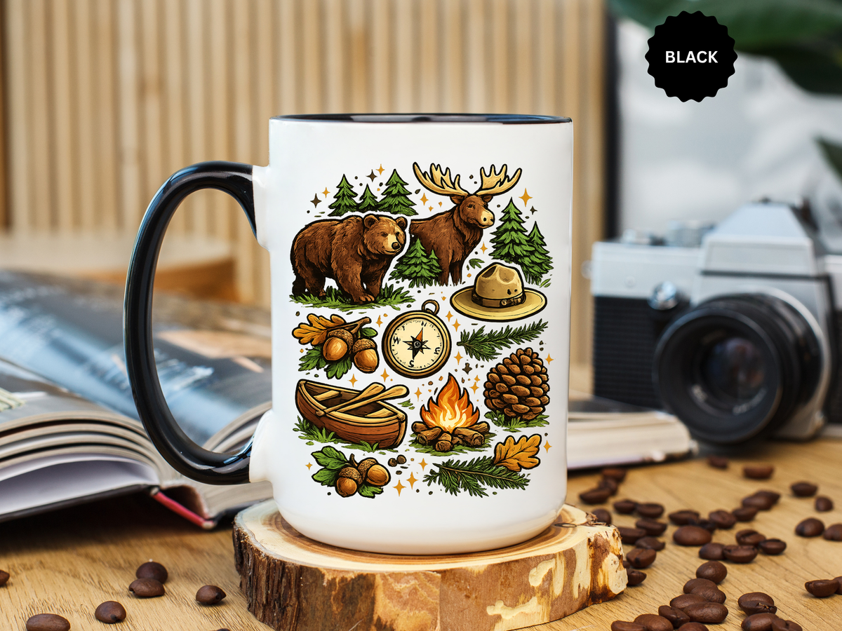 Camping Mug, Woodland Wildlife Coffee Cup, Bear and Moose Outdoor Gift, Rustic Cabin Kitchen Decor, Birthday Present for Camper or Hiker