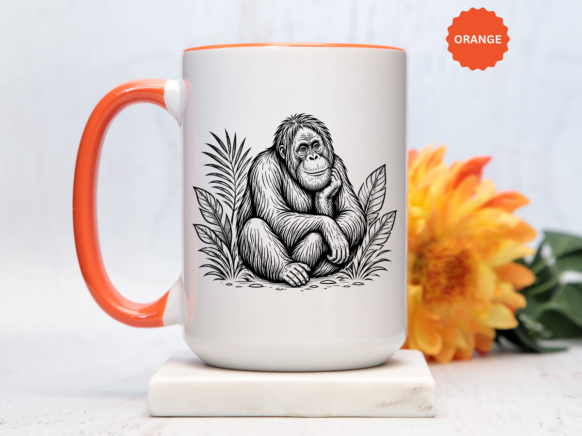 Orangutan Mug, Black and White Primate Coffee Cup, Jungle Animal Lover Gift, Wildlife Conservation Present, Rustic Nature Decor Gift