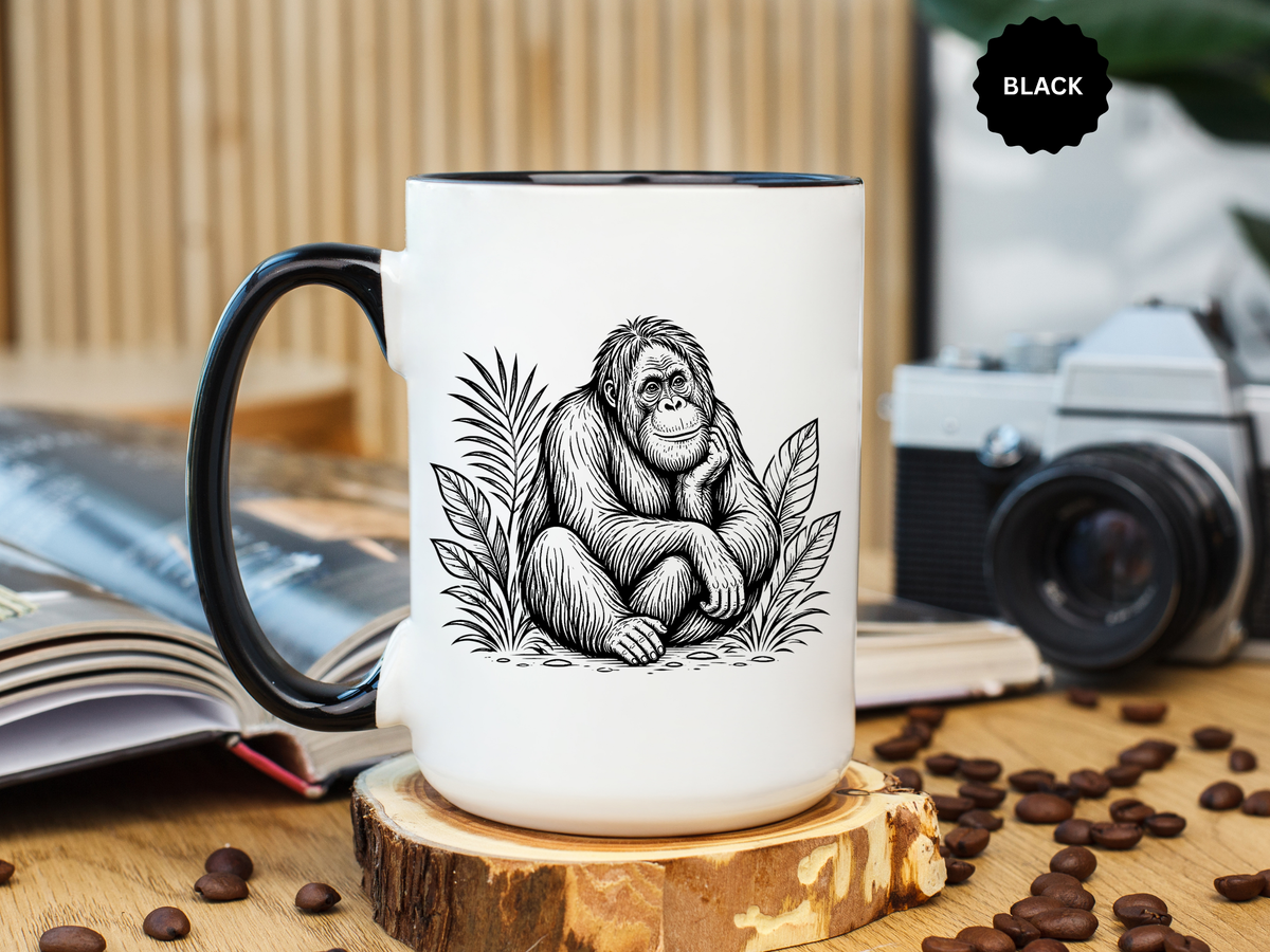 Orangutan Mug, Black and White Primate Coffee Cup, Jungle Animal Lover Gift, Wildlife Conservation Present, Rustic Nature Decor Gift
