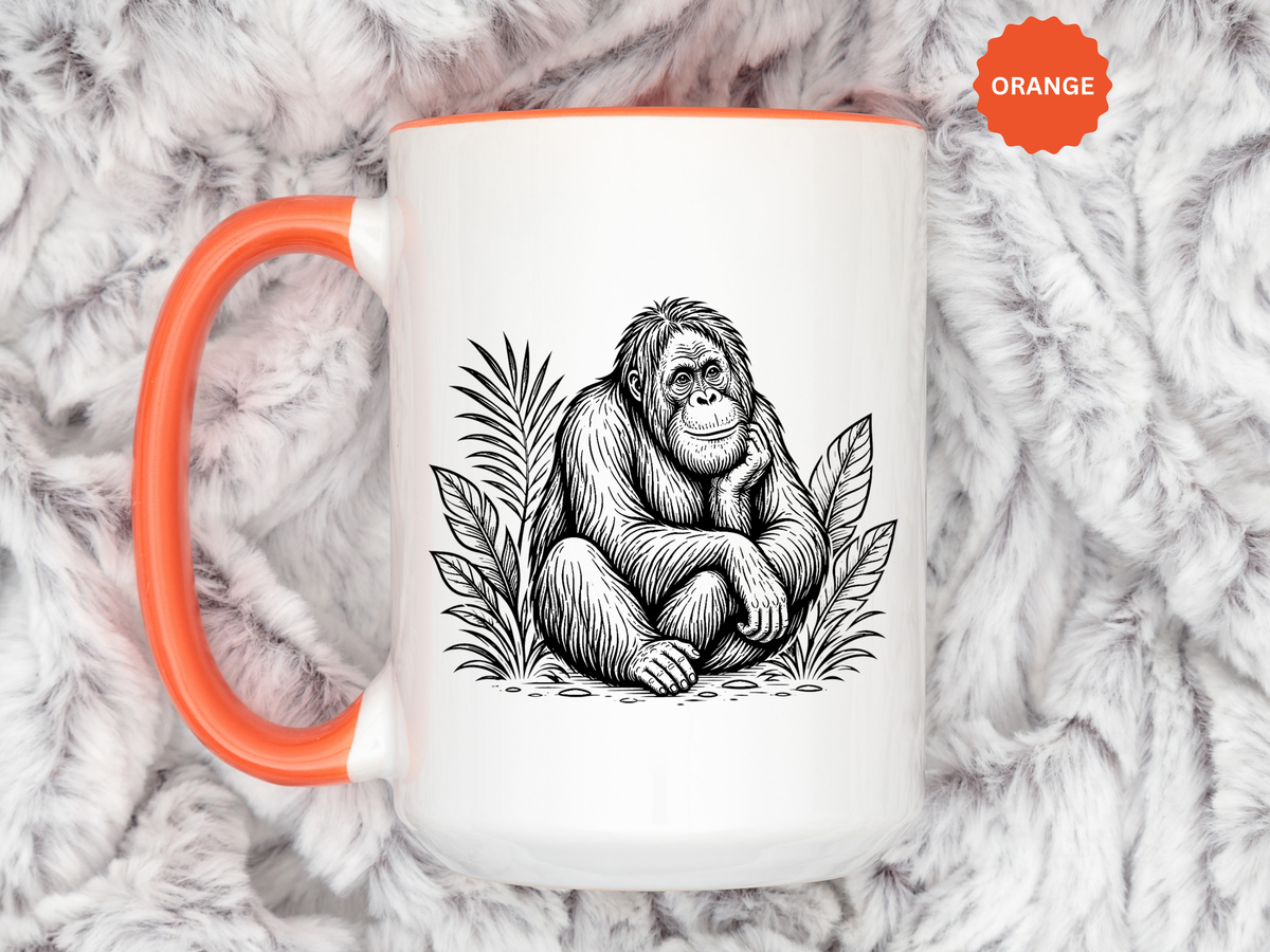 Orangutan Mug, Black and White Primate Coffee Cup, Jungle Animal Lover Gift, Wildlife Conservation Present, Rustic Nature Decor Gift