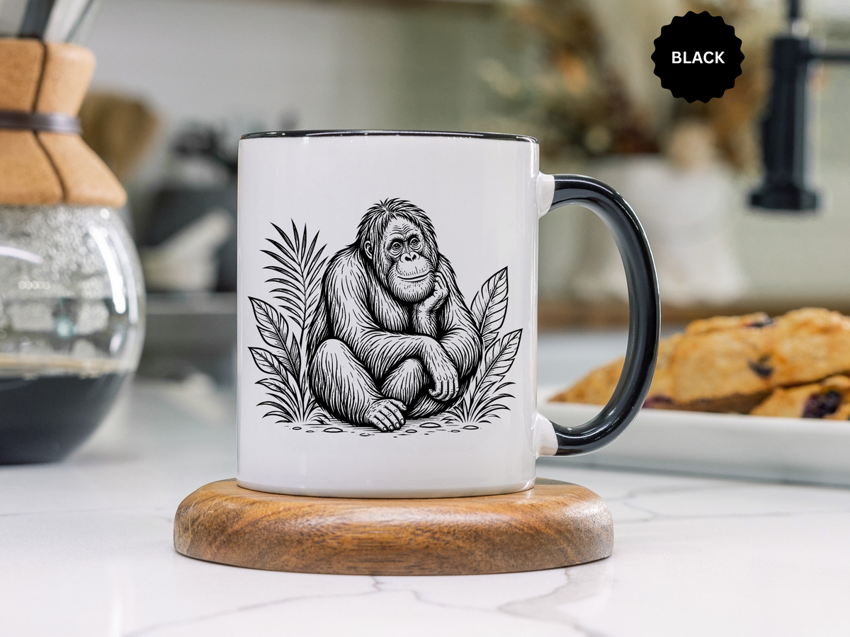 Orangutan Mug, Black and White Primate Coffee Cup, Jungle Animal Lover Gift, Wildlife Conservation Present, Rustic Nature Decor Gift