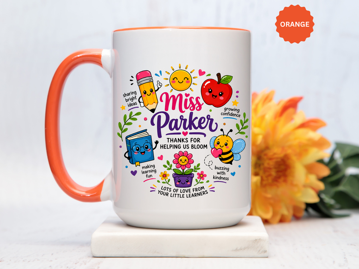 Personalized Teacher Mug with Name, Thank You Coffee Cup from Students, End of School Appreciation Gift, Colorful Classroom Keepsake