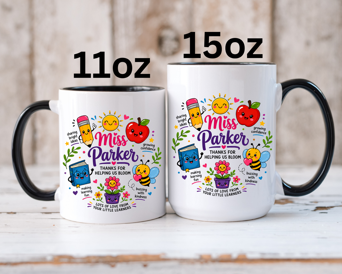 Personalized Teacher Mug with Name, Thank You Coffee Cup from Students, End of School Appreciation Gift, Colorful Classroom Keepsake