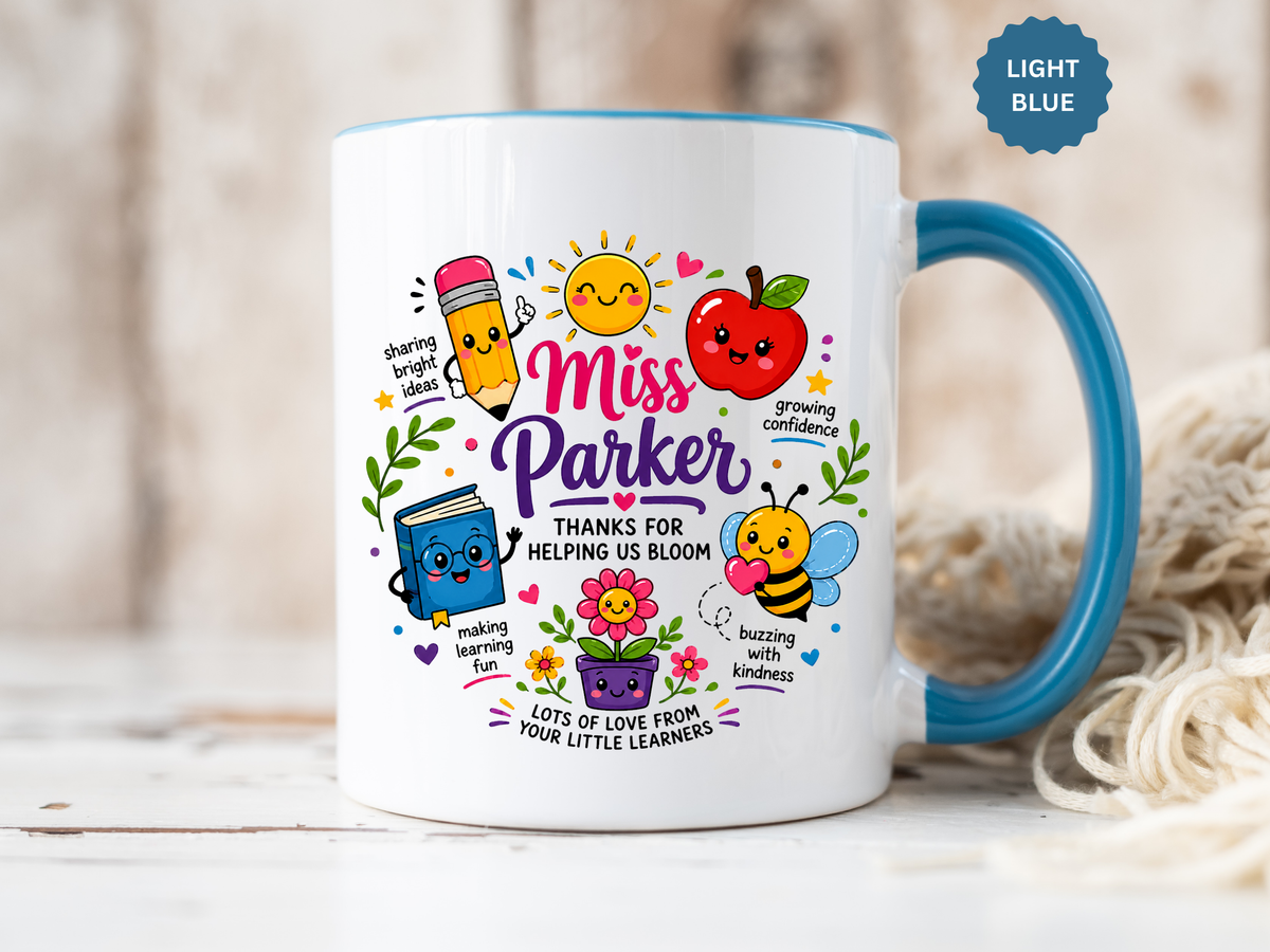 Personalized Teacher Mug with Name, Thank You Coffee Cup from Students, End of School Appreciation Gift, Colorful Classroom Keepsake