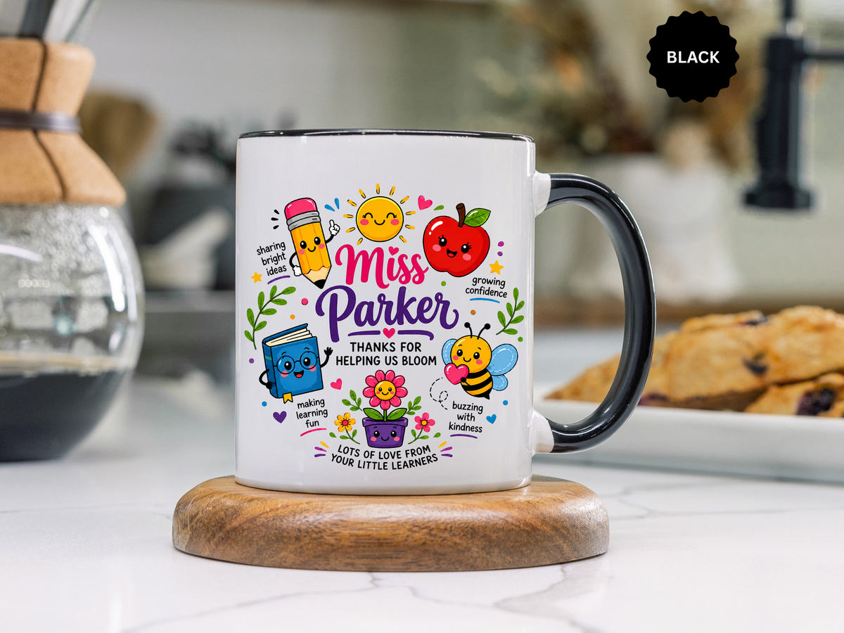 Personalized Teacher Mug with Name, Thank You Coffee Cup from Students, End of School Appreciation Gift, Colorful Classroom Keepsake
