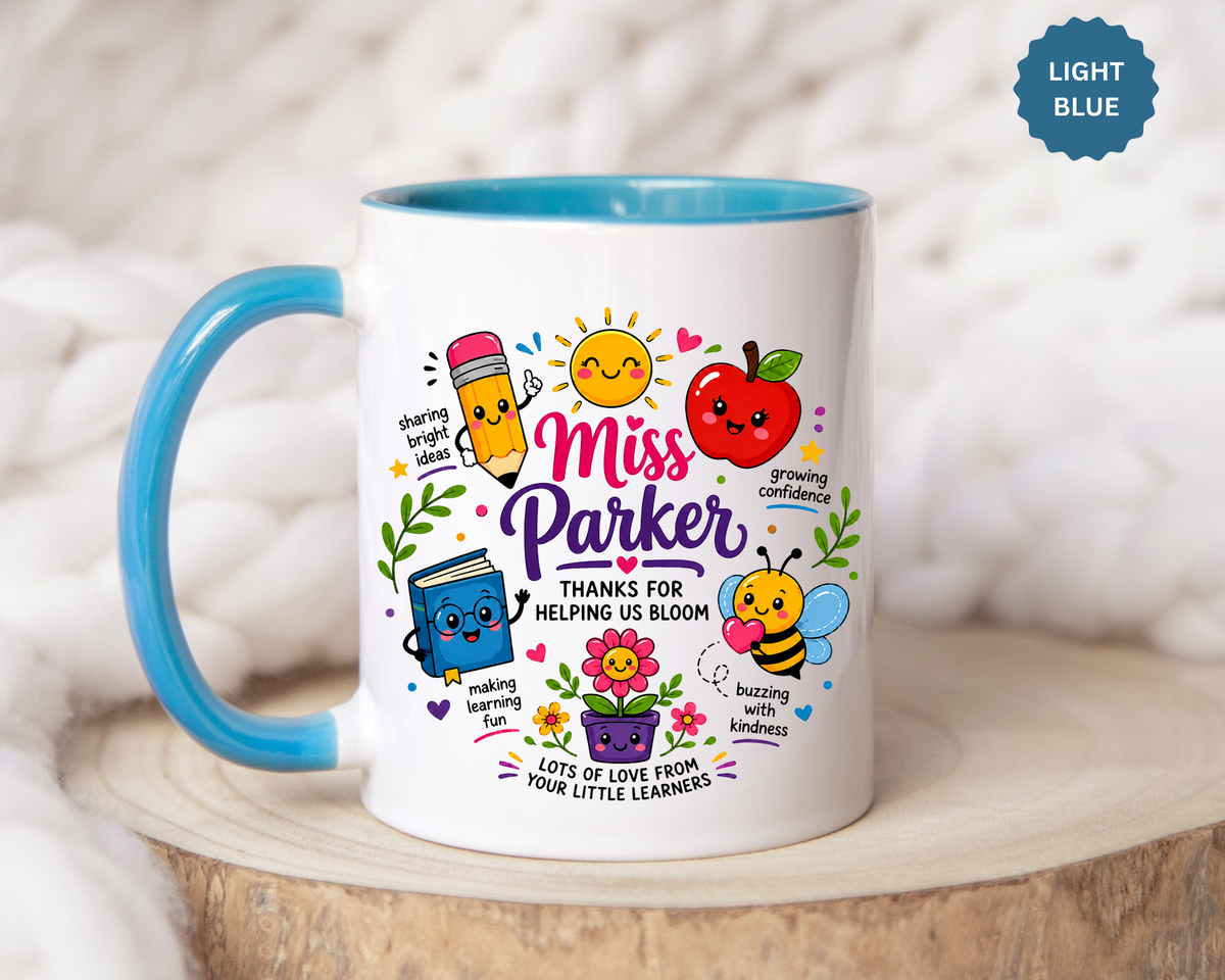 Personalized Teacher Mug with Name, Thank You Coffee Cup from Students, End of School Appreciation Gift, Colorful Classroom Keepsake