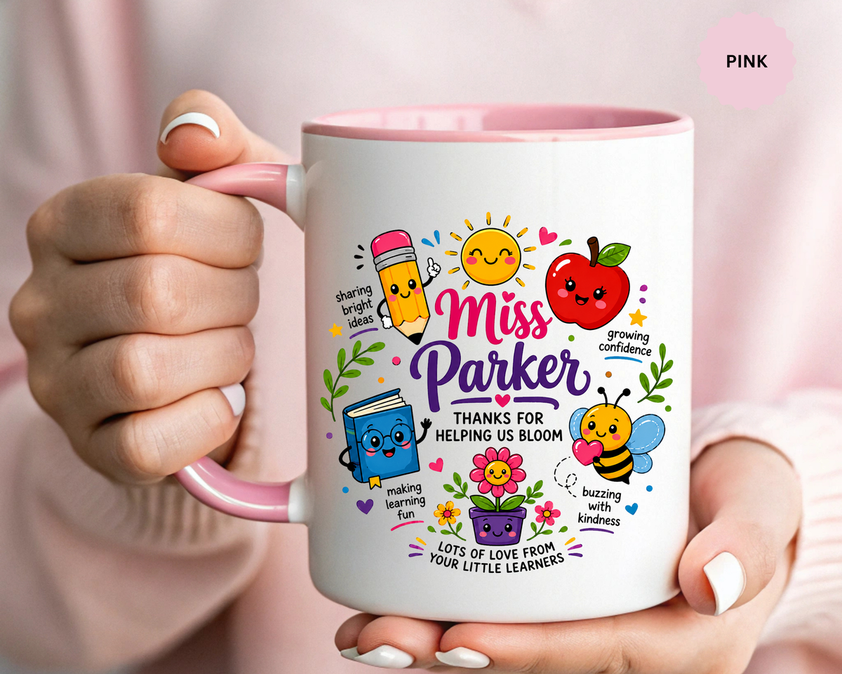Personalized Teacher Mug with Name, Thank You Coffee Cup from Students, End of School Appreciation Gift, Colorful Classroom Keepsake