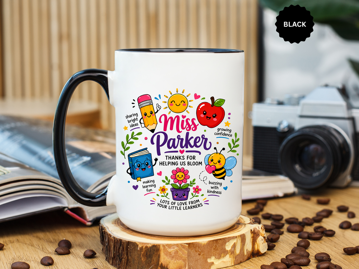 Personalized Teacher Mug with Name, Thank You Coffee Cup from Students, End of School Appreciation Gift, Colorful Classroom Keepsake