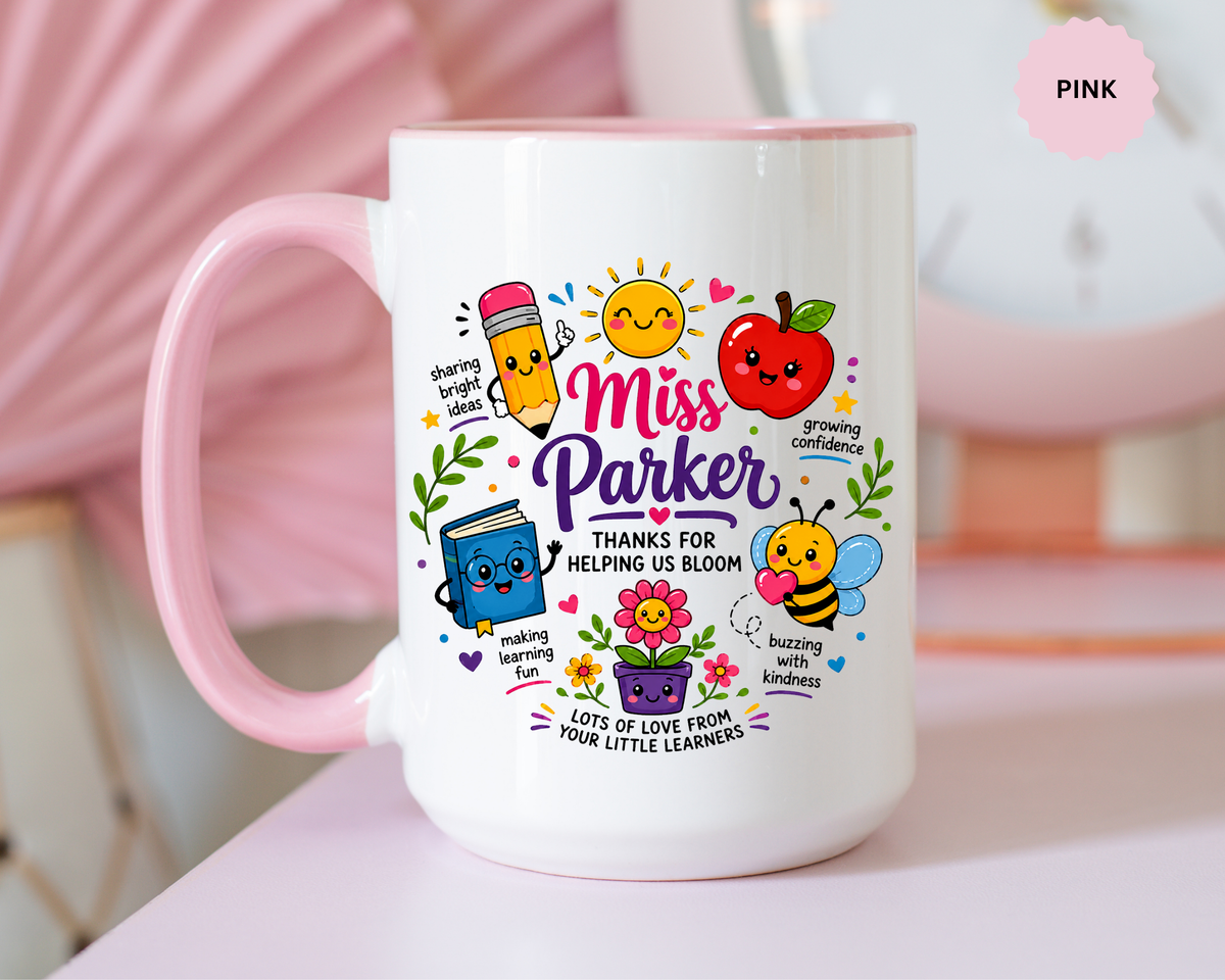 Personalized Teacher Mug with Name, Thank You Coffee Cup from Students, End of School Appreciation Gift, Colorful Classroom Keepsake