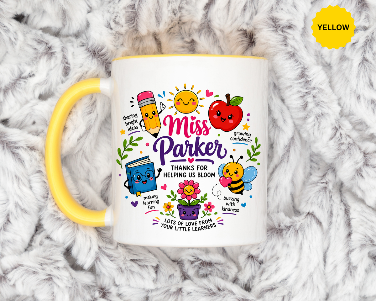 Personalized Teacher Mug with Name, Thank You Coffee Cup from Students, End of School Appreciation Gift, Colorful Classroom Keepsake