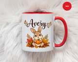 Personalized Bunny Mug with Name, Autumn Rabbit Coffee Cup, Cute Fall Woodland Gift for Daughter, Easter Basket or Birthday Keepsake