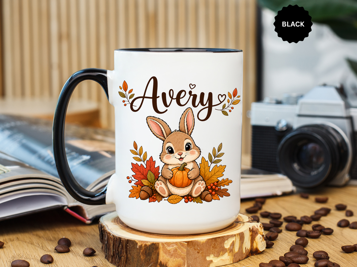 Personalized Bunny Mug with Name, Autumn Rabbit Coffee Cup, Cute Fall Woodland Gift for Daughter, Easter Basket or Birthday Keepsake