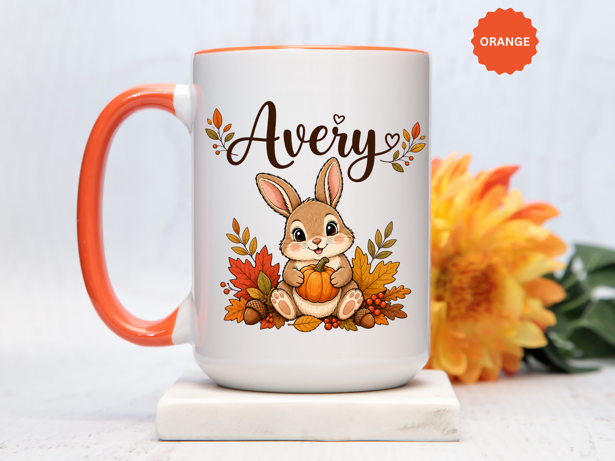Personalized Bunny Mug with Name, Autumn Rabbit Coffee Cup, Cute Fall Woodland Gift for Daughter, Easter Basket or Birthday Keepsake