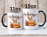 Personalized Bunny Mug with Name, Autumn Rabbit Coffee Cup, Cute Fall Woodland Gift for Daughter, Easter Basket or Birthday Keepsake