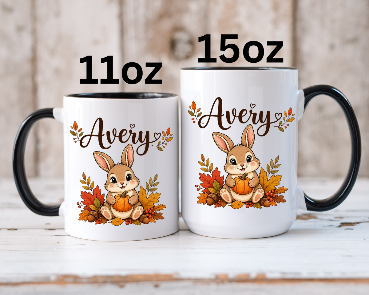 Personalized Bunny Mug with Name, Autumn Rabbit Coffee Cup, Cute Fall Woodland Gift for Daughter, Easter Basket or Birthday Keepsake