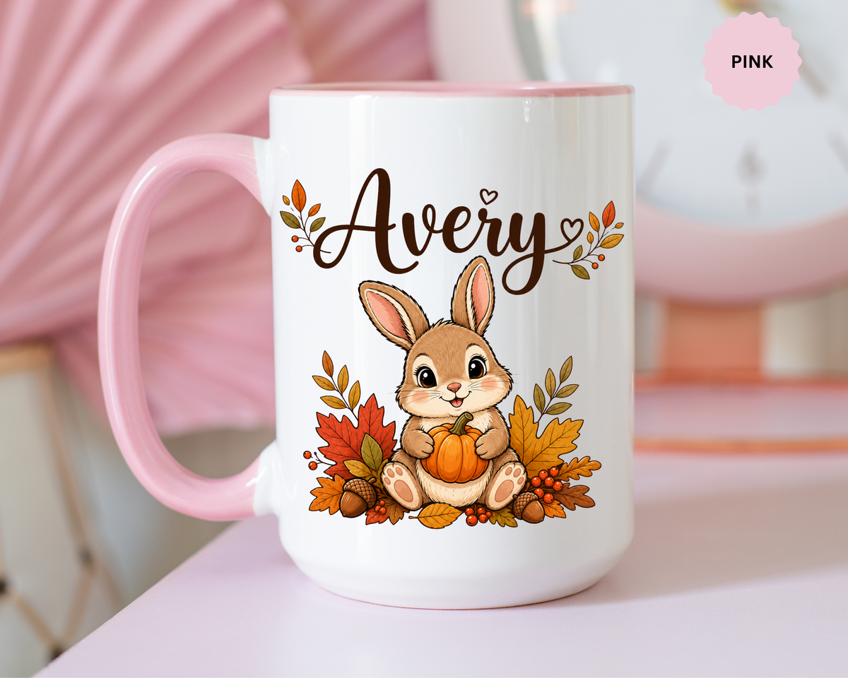 Personalized Bunny Mug with Name, Autumn Rabbit Coffee Cup, Cute Fall Woodland Gift for Daughter, Easter Basket or Birthday Keepsake