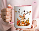Personalized Bunny Mug with Name, Autumn Rabbit Coffee Cup, Cute Fall Woodland Gift for Daughter, Easter Basket or Birthday Keepsake