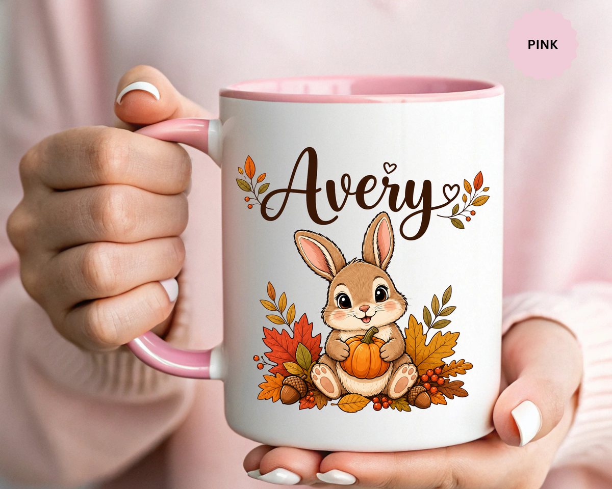 Personalized Bunny Mug with Name, Autumn Rabbit Coffee Cup, Cute Fall Woodland Gift for Daughter, Easter Basket or Birthday Keepsake