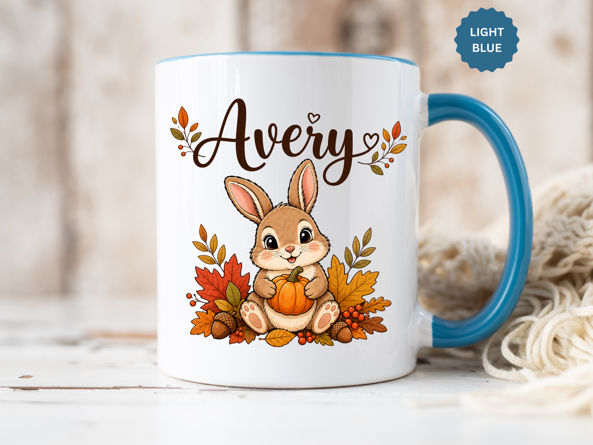 Personalized Bunny Mug with Name, Autumn Rabbit Coffee Cup, Cute Fall Woodland Gift for Daughter, Easter Basket or Birthday Keepsake