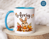 Personalized Bunny Mug with Name, Autumn Rabbit Coffee Cup, Cute Fall Woodland Gift for Daughter, Easter Basket or Birthday Keepsake