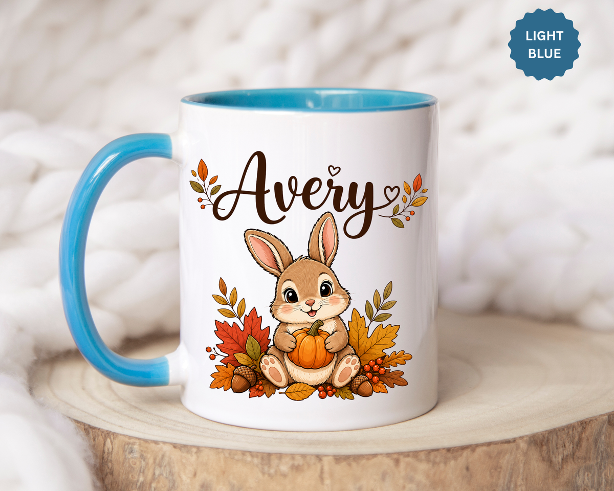 Personalized Bunny Mug with Name, Autumn Rabbit Coffee Cup, Cute Fall Woodland Gift for Daughter, Easter Basket or Birthday Keepsake