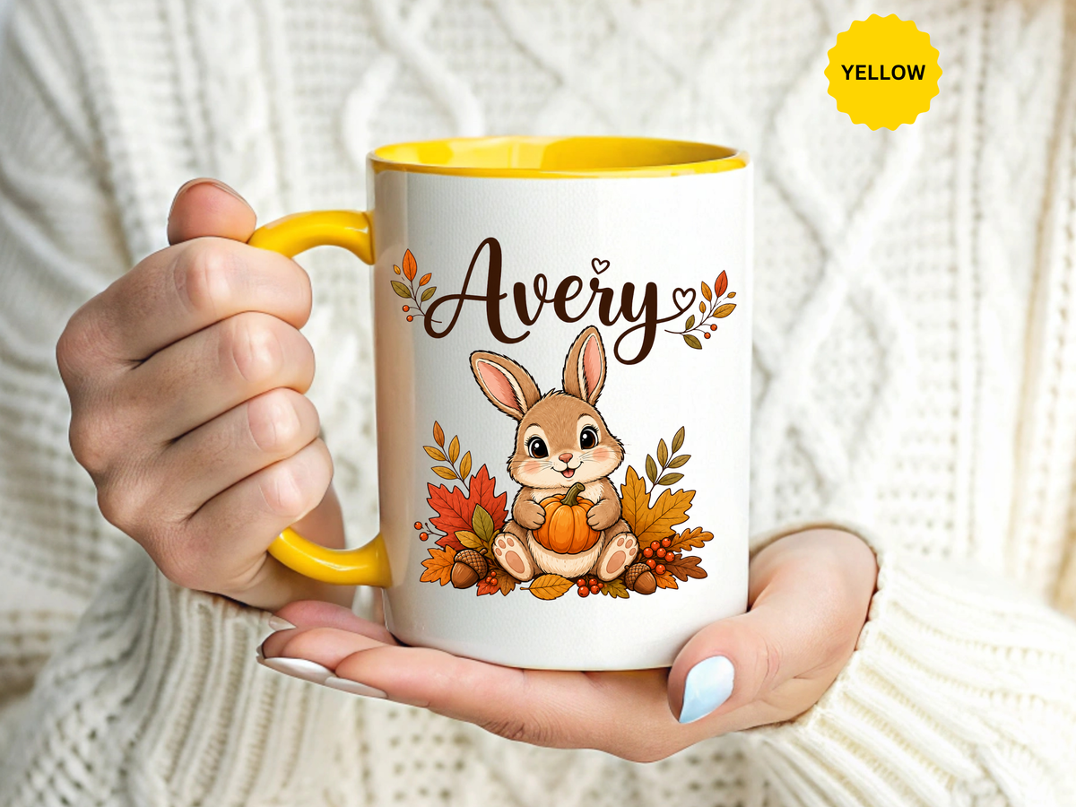 Personalized Bunny Mug with Name, Autumn Rabbit Coffee Cup, Cute Fall Woodland Gift for Daughter, Easter Basket or Birthday Keepsake