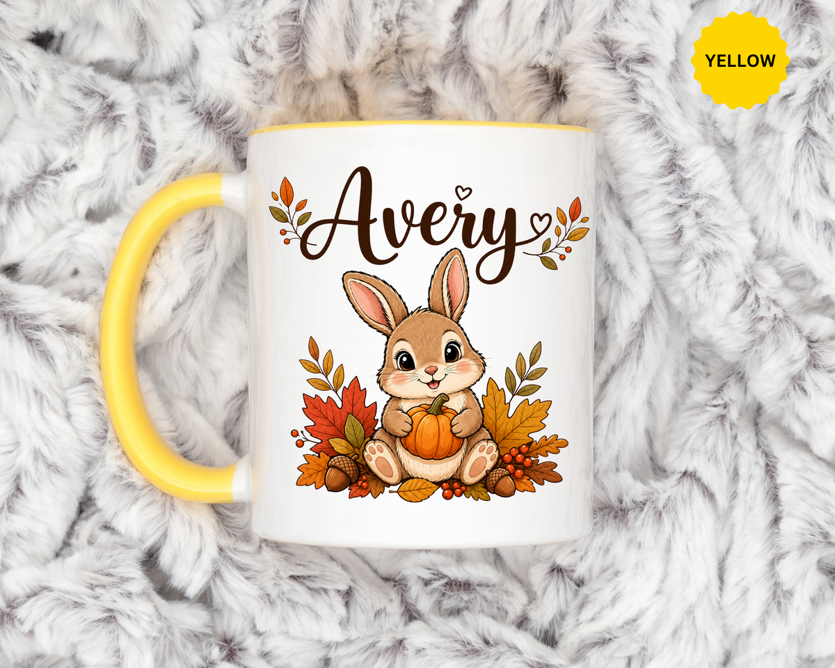 Personalized Bunny Mug with Name, Autumn Rabbit Coffee Cup, Cute Fall Woodland Gift for Daughter, Easter Basket or Birthday Keepsake