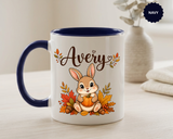Personalized Bunny Mug with Name, Autumn Rabbit Coffee Cup, Cute Fall Woodland Gift for Daughter, Easter Basket or Birthday Keepsake