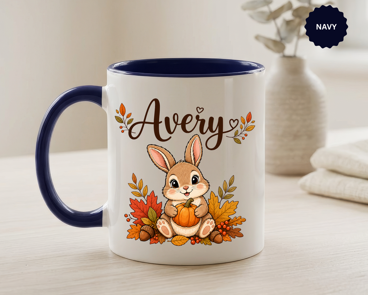 Personalized Bunny Mug with Name, Autumn Rabbit Coffee Cup, Cute Fall Woodland Gift for Daughter, Easter Basket or Birthday Keepsake