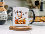 Personalized Bunny Mug with Name, Autumn Rabbit Coffee Cup, Cute Fall Woodland Gift for Daughter, Easter Basket or Birthday Keepsake