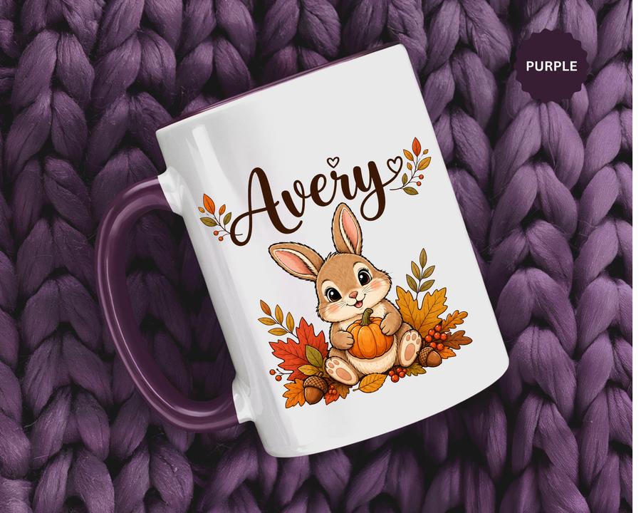 Personalized Bunny Mug with Name, Autumn Rabbit Coffee Cup, Cute Fall Woodland Gift for Daughter, Easter Basket or Birthday Keepsake