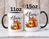 Personalized Squirrel Mug with Name, Autumn Woodland Coffee Cup, Cute Fall Animal Gift for Daughter, Nature Lover Birthday Keepsake
