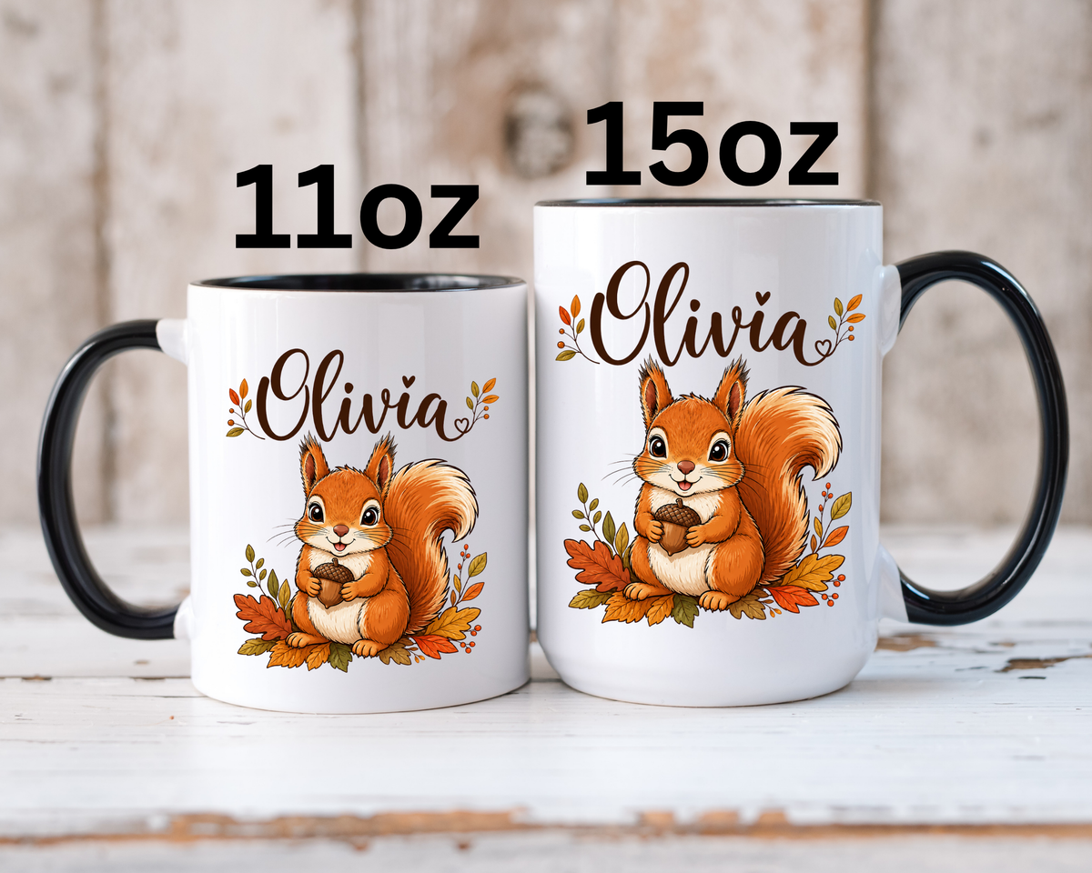 Personalized Squirrel Mug with Name, Autumn Woodland Coffee Cup, Cute Fall Animal Gift for Daughter, Nature Lover Birthday Keepsake
