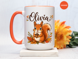 Personalized Squirrel Mug with Name, Autumn Woodland Coffee Cup, Cute Fall Animal Gift for Daughter, Nature Lover Birthday Keepsake