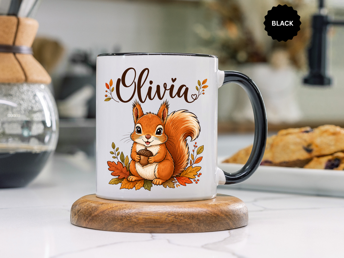 Personalized Squirrel Mug with Name, Autumn Woodland Coffee Cup, Cute Fall Animal Gift for Daughter, Nature Lover Birthday Keepsake