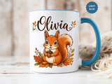 Personalized Squirrel Mug with Name, Autumn Woodland Coffee Cup, Cute Fall Animal Gift for Daughter, Nature Lover Birthday Keepsake