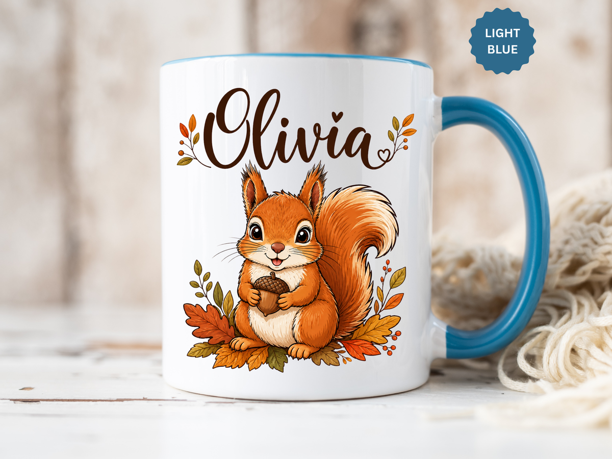 Personalized Squirrel Mug with Name, Autumn Woodland Coffee Cup, Cute Fall Animal Gift for Daughter, Nature Lover Birthday Keepsake
