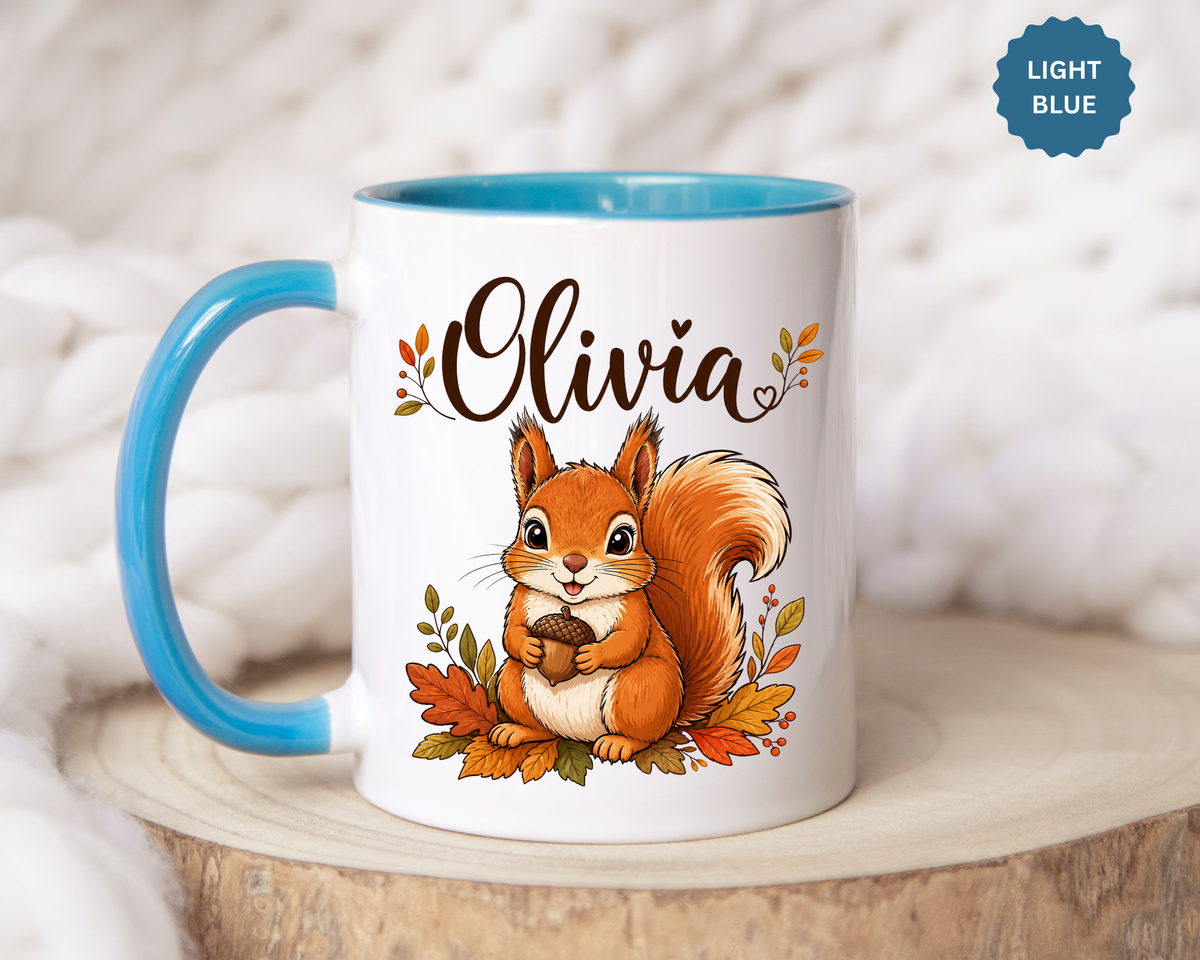 Personalized Squirrel Mug with Name, Autumn Woodland Coffee Cup, Cute Fall Animal Gift for Daughter, Nature Lover Birthday Keepsake