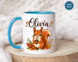 Personalized Squirrel Mug with Name, Autumn Woodland Coffee Cup, Cute Fall Animal Gift for Daughter, Nature Lover Birthday Keepsake