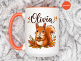 Personalized Squirrel Mug with Name, Autumn Woodland Coffee Cup, Cute Fall Animal Gift for Daughter, Nature Lover Birthday Keepsake