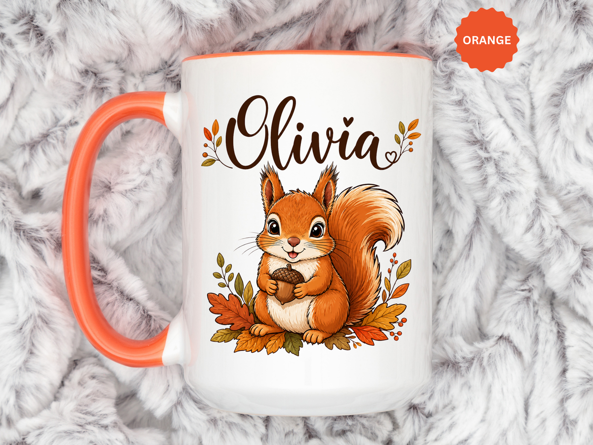 Personalized Squirrel Mug with Name, Autumn Woodland Coffee Cup, Cute Fall Animal Gift for Daughter, Nature Lover Birthday Keepsake