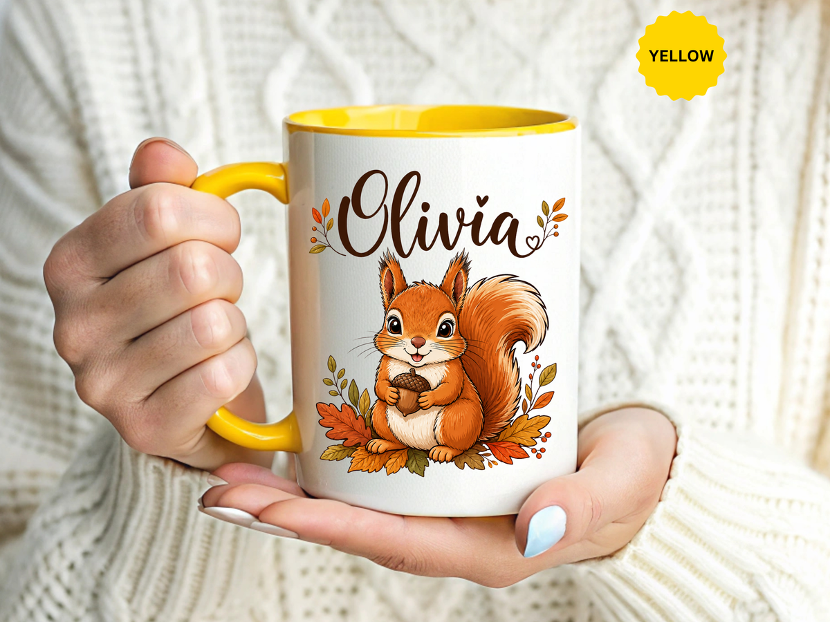 Personalized Squirrel Mug with Name, Autumn Woodland Coffee Cup, Cute Fall Animal Gift for Daughter, Nature Lover Birthday Keepsake