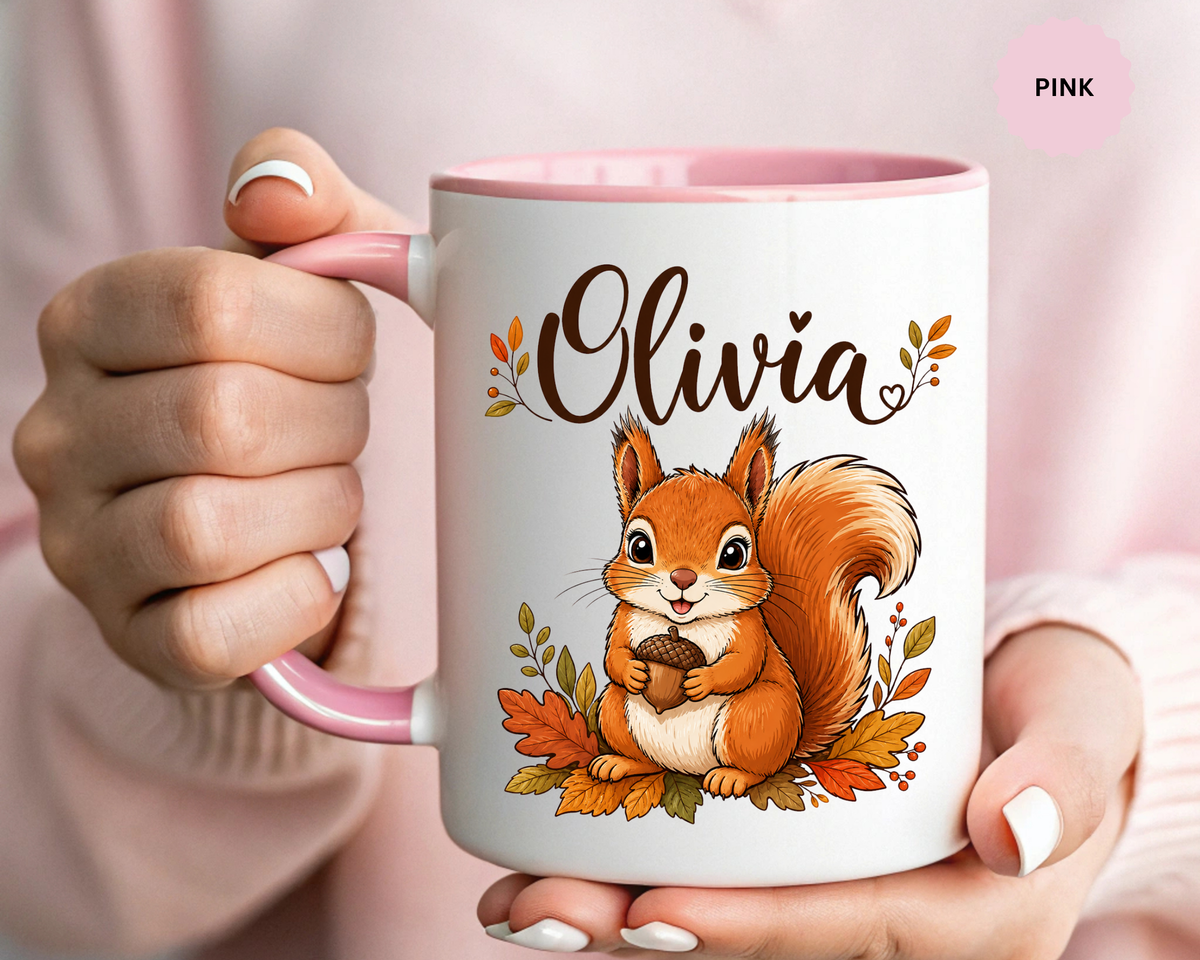Personalized Squirrel Mug with Name, Autumn Woodland Coffee Cup, Cute Fall Animal Gift for Daughter, Nature Lover Birthday Keepsake