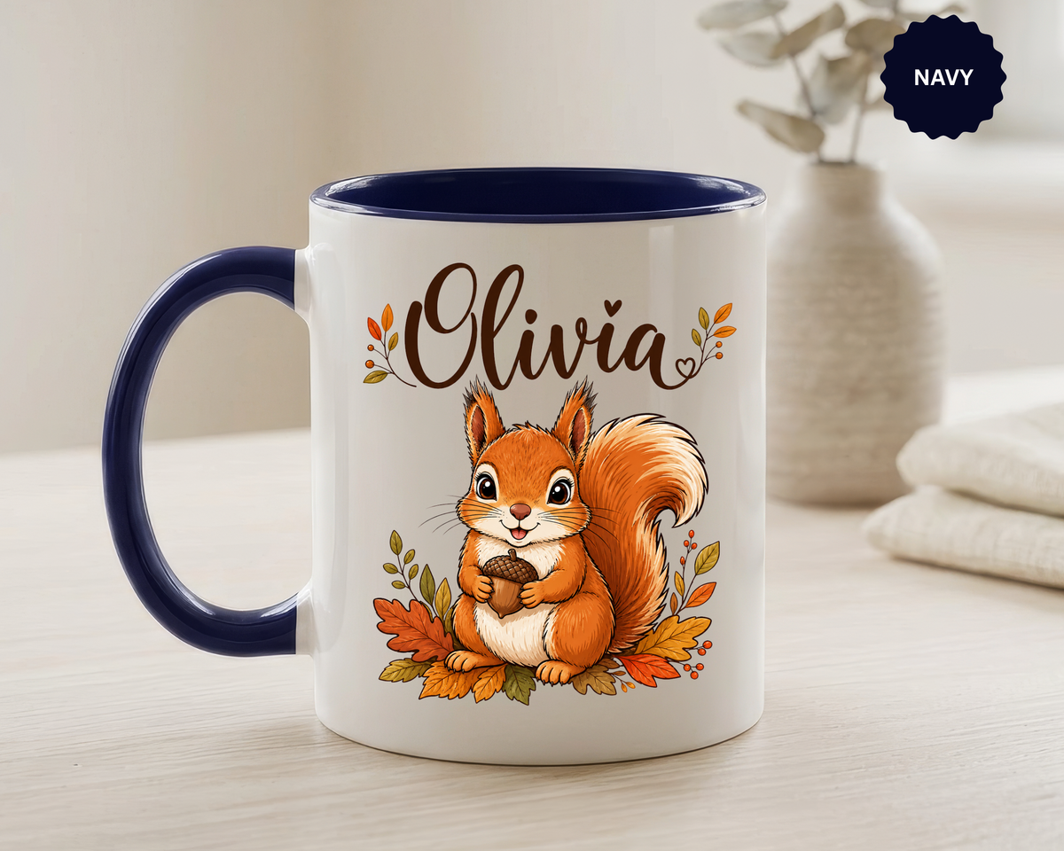 Personalized Squirrel Mug with Name, Autumn Woodland Coffee Cup, Cute Fall Animal Gift for Daughter, Nature Lover Birthday Keepsake