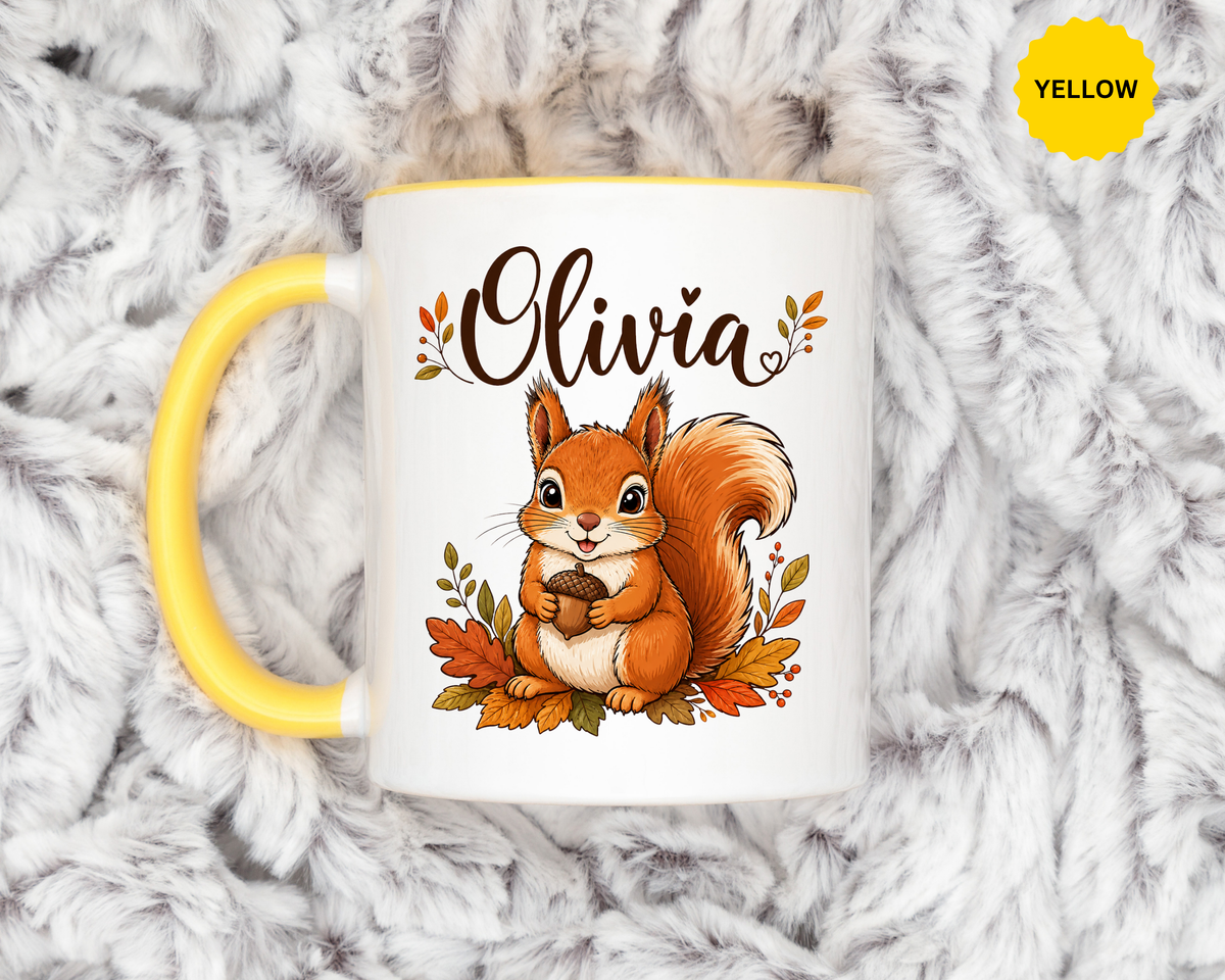 Personalized Squirrel Mug with Name, Autumn Woodland Coffee Cup, Cute Fall Animal Gift for Daughter, Nature Lover Birthday Keepsake
