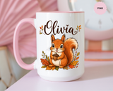 Personalized Squirrel Mug with Name, Autumn Woodland Coffee Cup, Cute Fall Animal Gift for Daughter, Nature Lover Birthday Keepsake