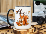 Personalized Squirrel Mug with Name, Autumn Woodland Coffee Cup, Cute Fall Animal Gift for Daughter, Nature Lover Birthday Keepsake