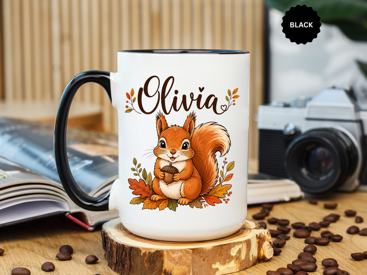 Personalized Squirrel Mug with Name, Autumn Woodland Coffee Cup, Cute Fall Animal Gift for Daughter, Nature Lover Birthday Keepsake