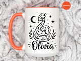 Personalized Snake Mug with Name, Celestial Serpent Coffee Cup, Custom Witchy Gift for Snake Lover, Gothic Botanical Birthday Gift