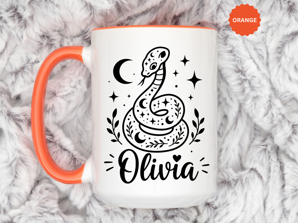 Personalized Snake Mug with Name, Celestial Serpent Coffee Cup, Custom Witchy Gift for Snake Lover, Gothic Botanical Birthday Gift